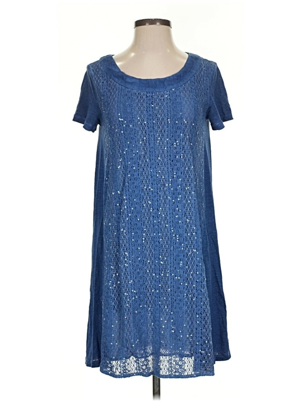 120% Lino Blue Sequin Lace Front Linen Shift Dress IT 40 US XS-S